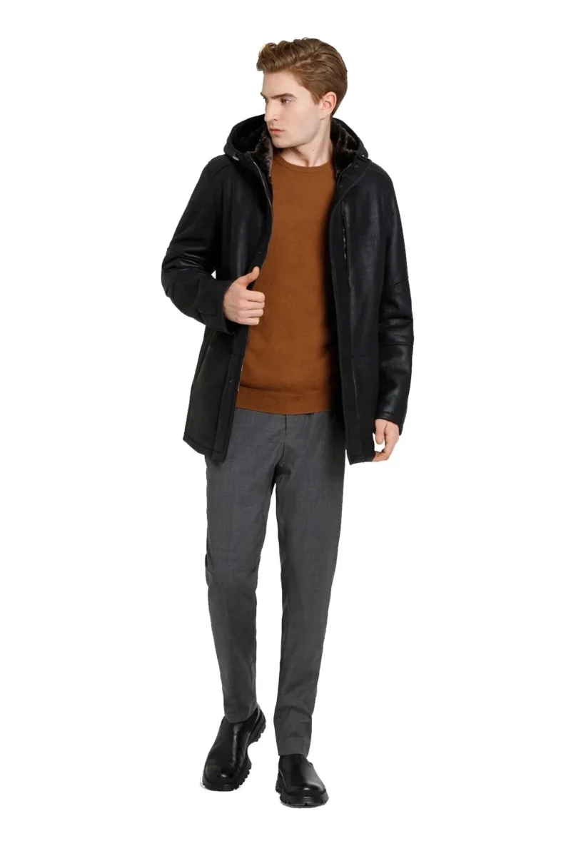 Roger Souteyrand Black New Style Hip Length Shearling Coat with Classical Hoodie - Image 3