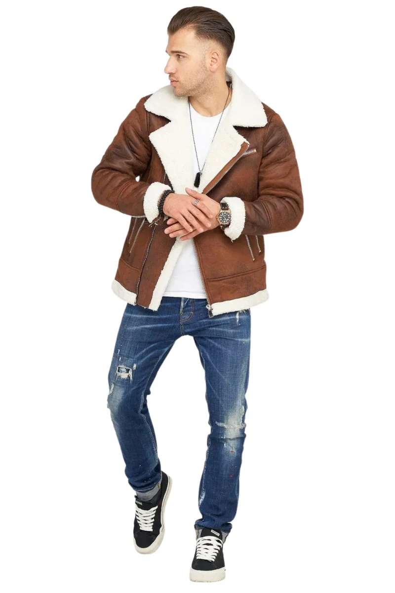 Jack Bing Brown Aviator Flight Bomber Real Shearling Leather Jacket - Image 3