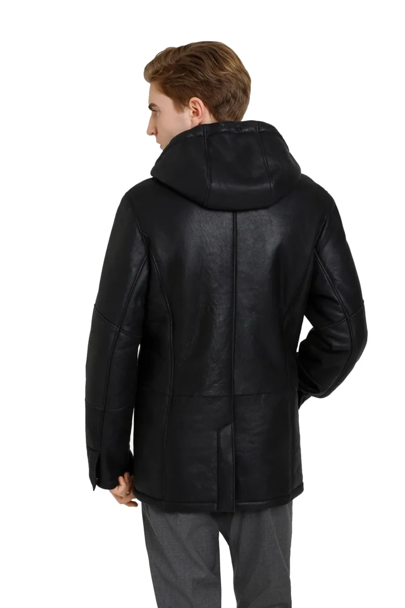 Roger Souteyrand Black New Style Hip Length Shearling Coat with Classical Hoodie - Image 4