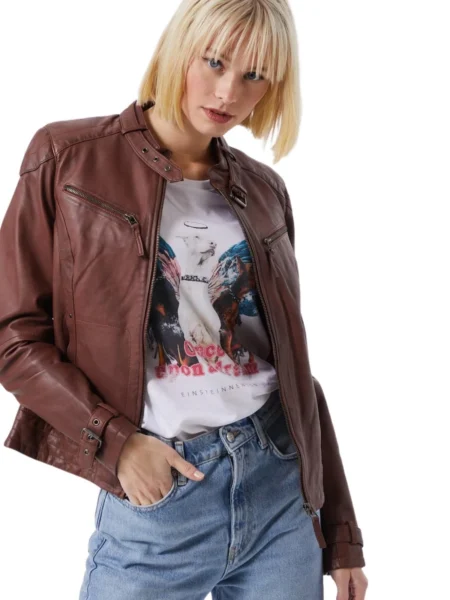 Jacqueline Landry Red Brown Moto Biker Leather Jacket Womens