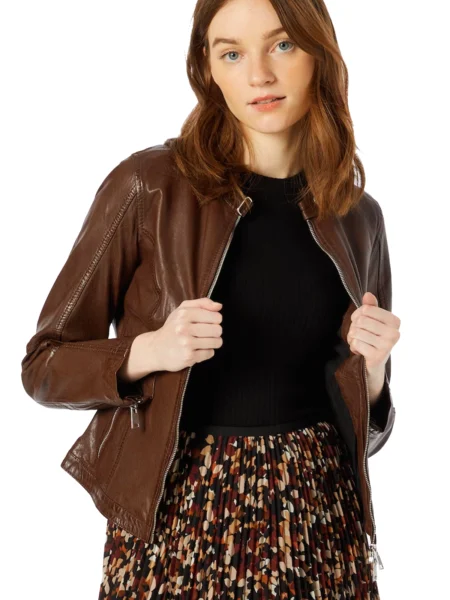 Molly Romijn Dark Brown Waxed Cafe Racer Biker Leather Jacket