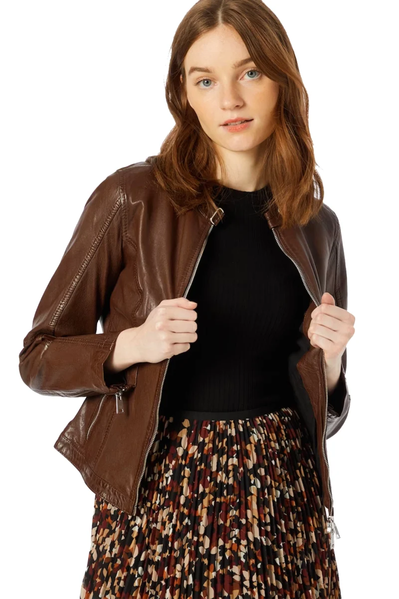 Molly Romijn Dark Brown Waxed Cafe Racer Biker Leather Jacket