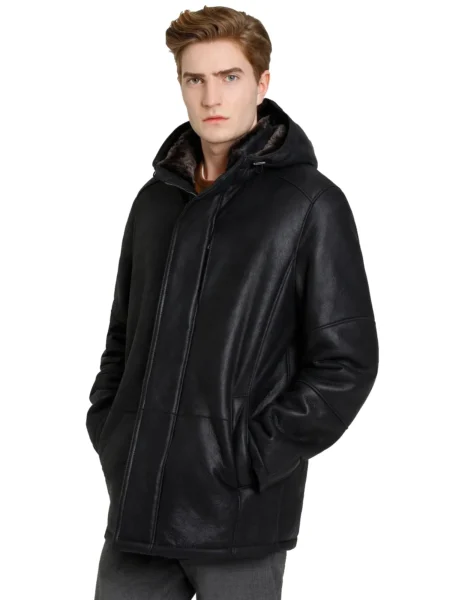 Roger Souteyrand Black New Style Hip Length Shearling Coat with Classical Hoodie