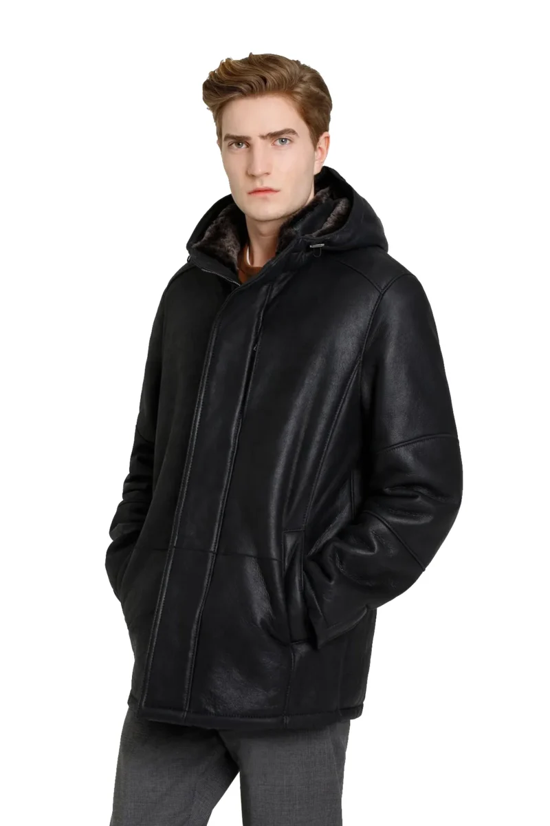 Roger Souteyrand Black New Style Hip Length Shearling Coat with Classical Hoodie