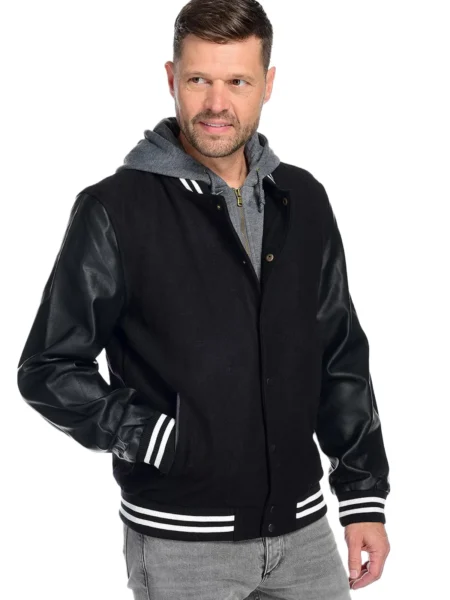 Marcus Brad Black Varsity Bomber Hooded Jacket