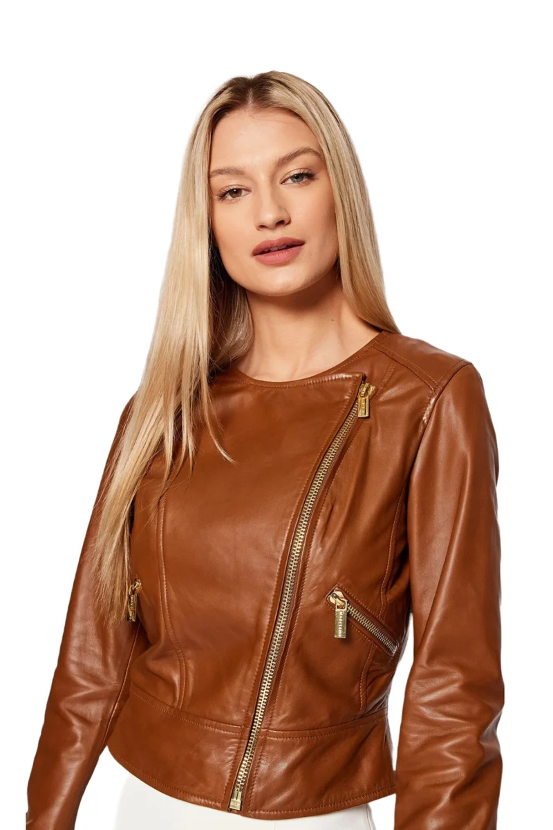 Linda Women Fashion Brown Flap Collar Sheepskin Leather Jacket - Image 2