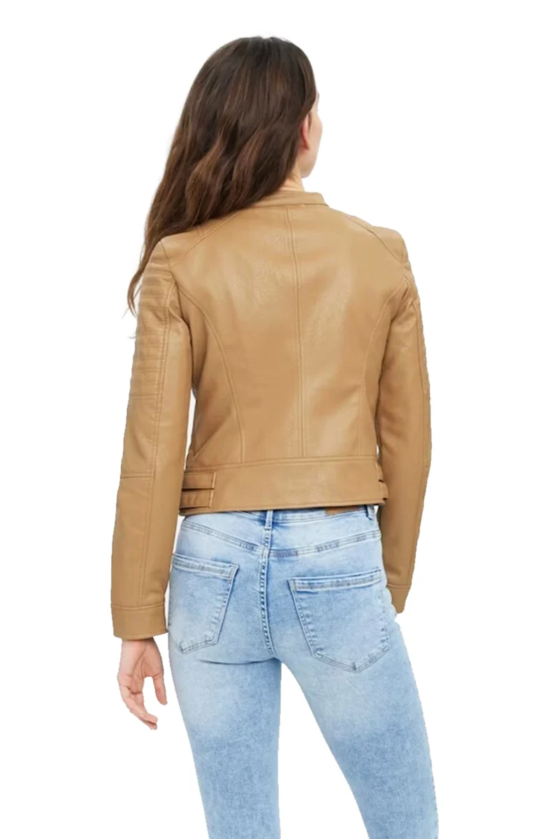 Odette Women Tan Brown Motorcycle Biker Leather Jacket - Image 3