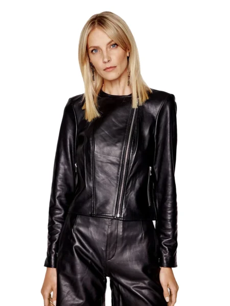 Laura Women Fashion Black Flap Collar Short Body Leather Jacket