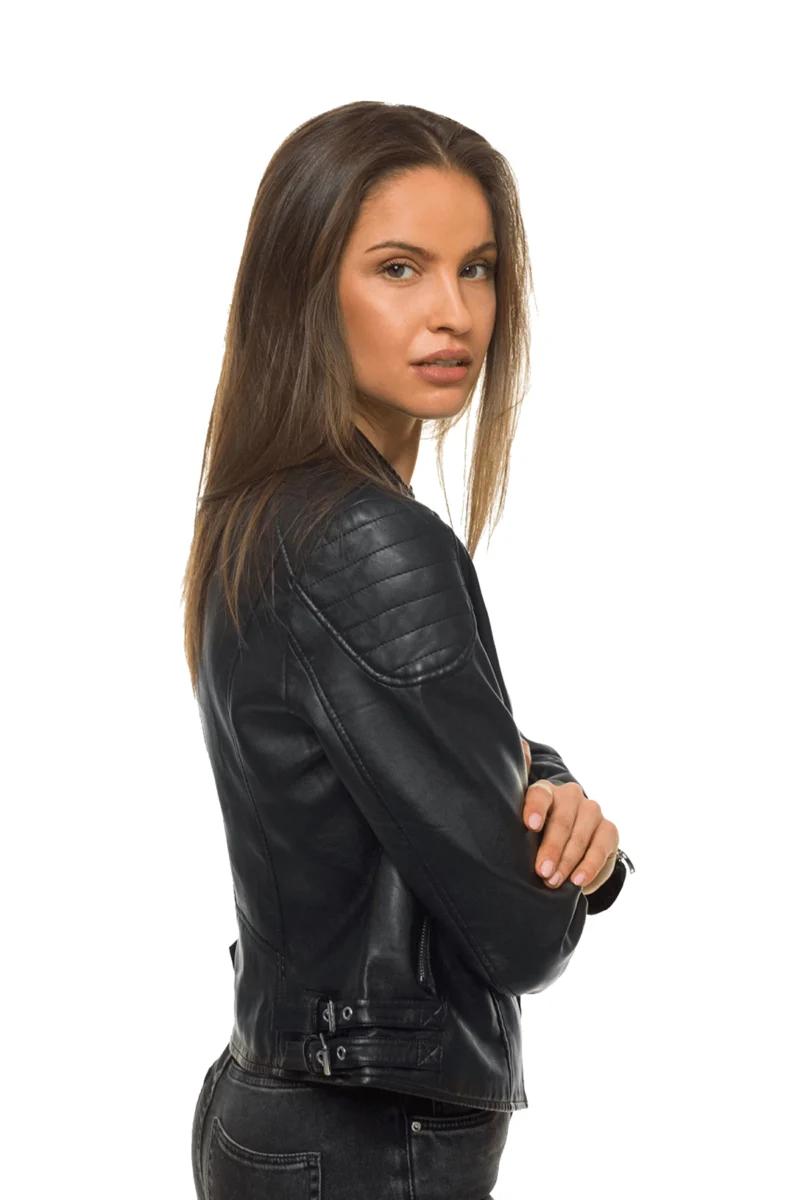 Michaela Women Fashion Black Flap Collar Leather Jacket - Image 4