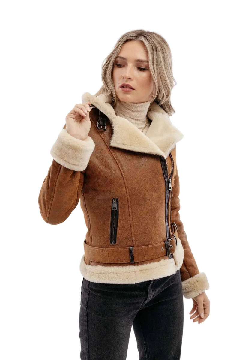 Dace Women Fashion Waxed Brown Aviator Bomber Leather Jacket - Image 2