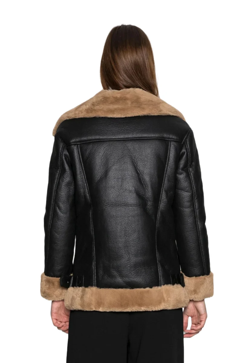 Tania Women Fashion Black Aviator Brown Real Shearling Bomber Jacket - Image 4