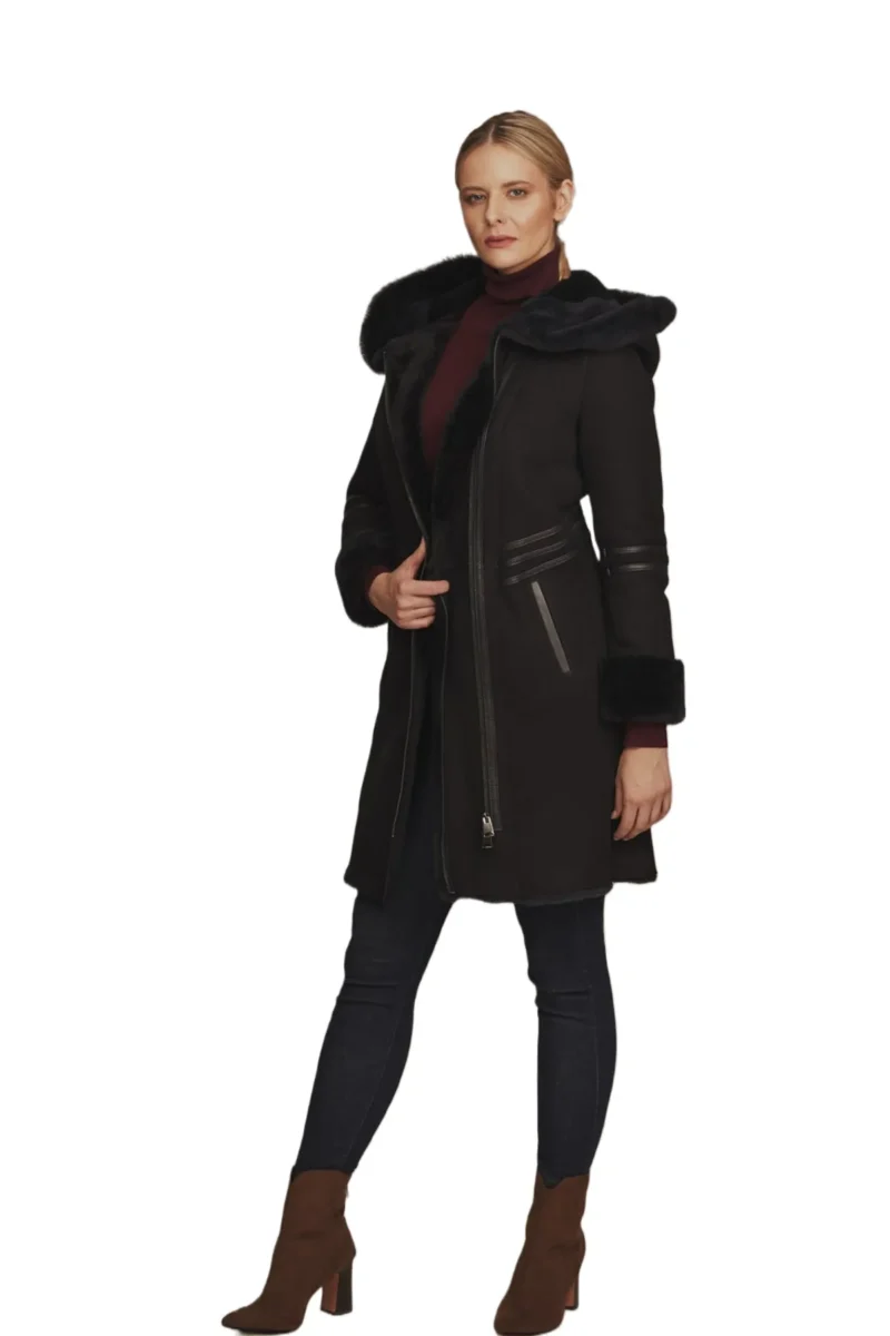 Bella Rey Women Fashion Black Aviator B3 Black Shearling Long Coat - Image 3