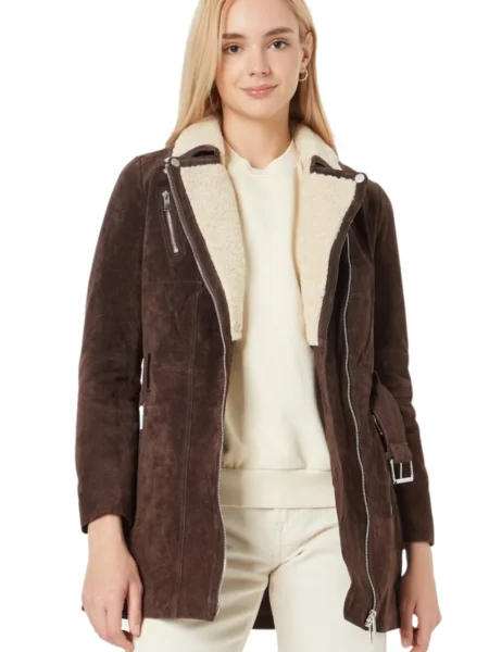Amanda Crawford Bistre Suede Faux Fur Collar Leather Coat