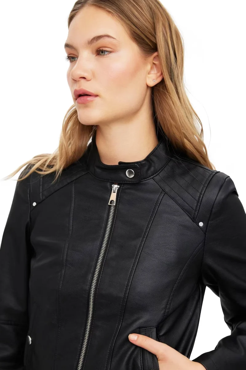 Bridget Women Dark Black Moto Cafe Racer Biker Leather Jacket - Image 2