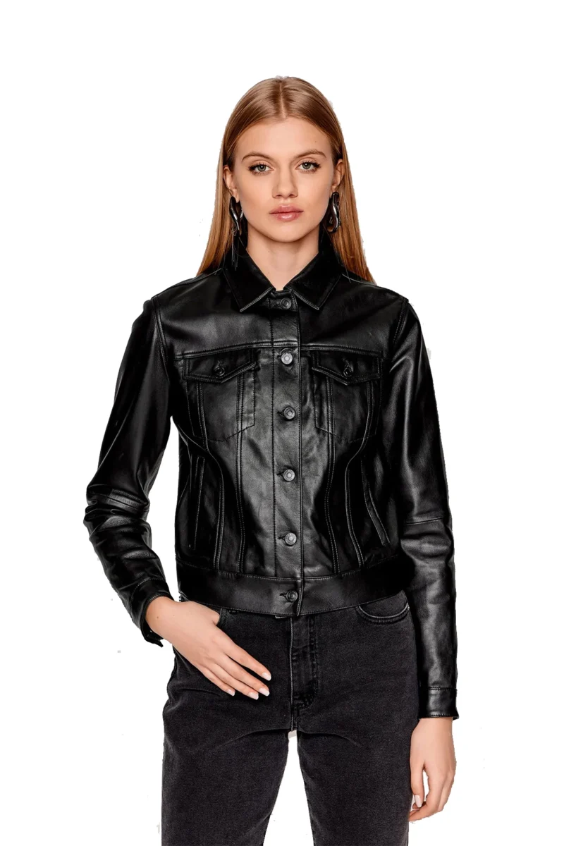 Catrinel Women Fashion Black Trucker Leather Jacket