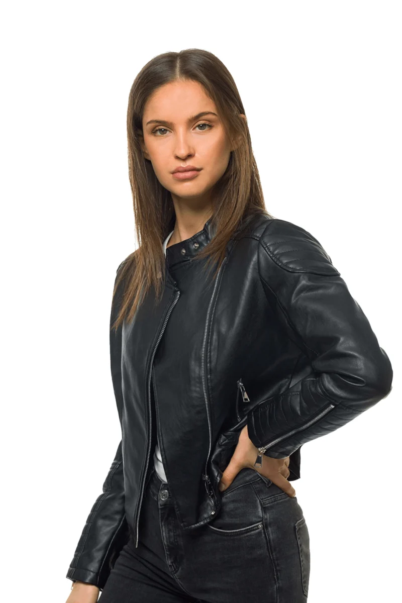 Michaela Women Fashion Black Flap Collar Leather Jacket - Image 2