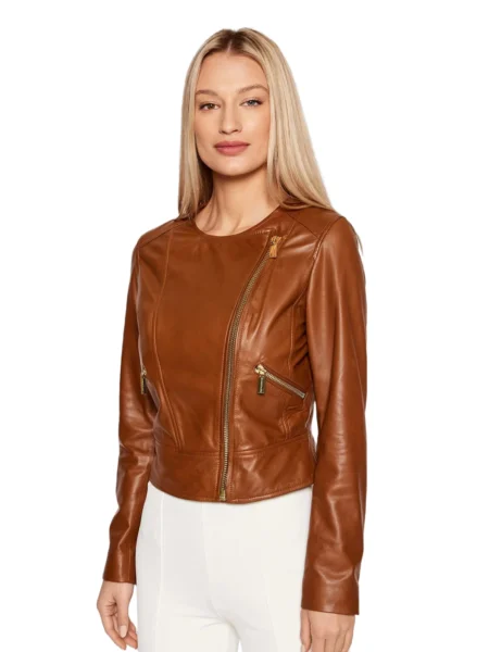 Linda Women Fashion Brown Flap Collar Sheepskin Leather Jacket