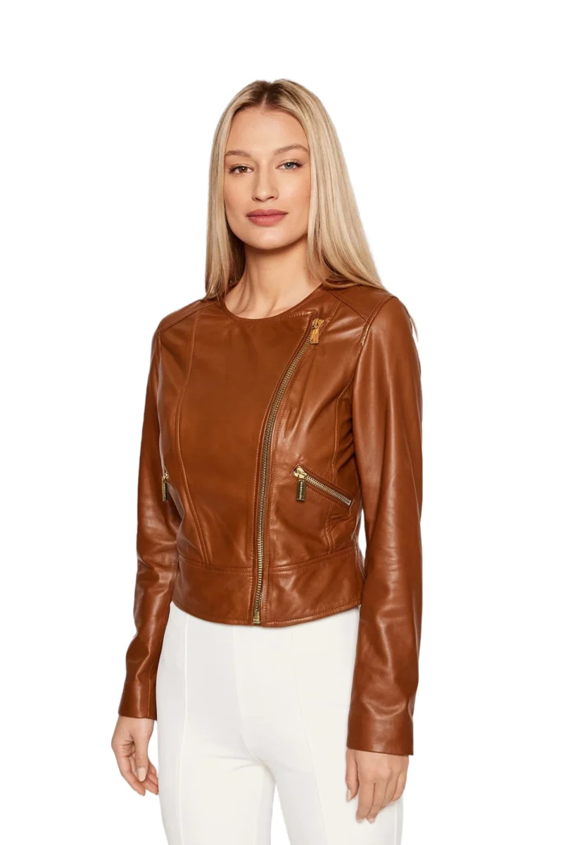 Linda Women Fashion Brown Flap Collar Sheepskin Leather Jacket