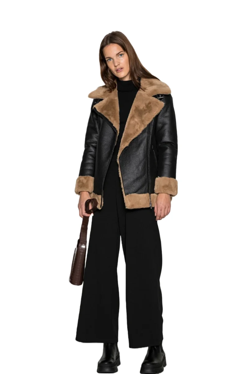 Tania Women Fashion Black Aviator Brown Real Shearling Bomber Jacket - Image 2