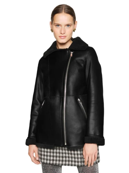 Veronica Women Fashion Black Aviator Shearling Blazer Coat