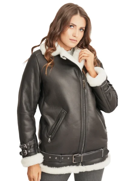 Adriana Klum Women Fashion Black Aviator White Shearling Bomber Coat