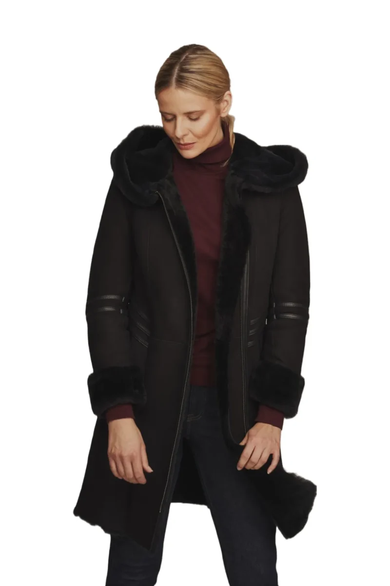 Bella Rey Women Fashion Black Aviator B3 Black Shearling Long Coat - Image 2