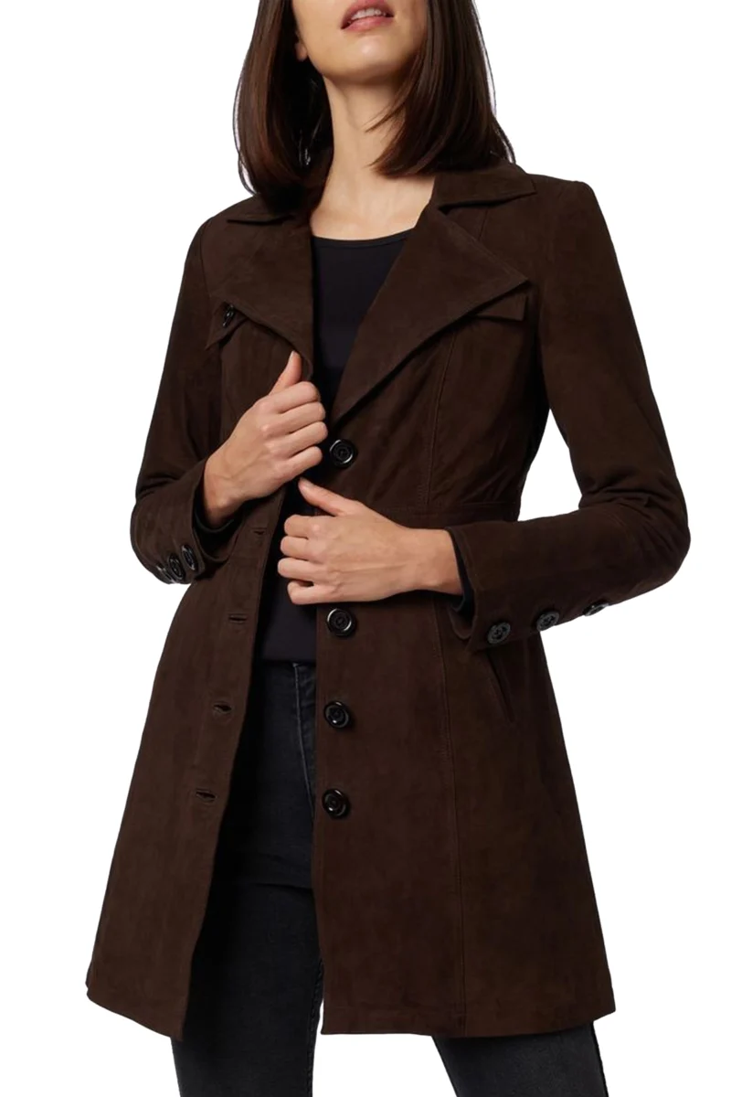 Doina Women Coffee Brown Suede Leather Coat - Image 2