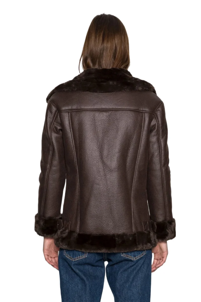 Tania Women Fashion Coffee Brown Aviator Shearling Bomber Jacket - Image 5