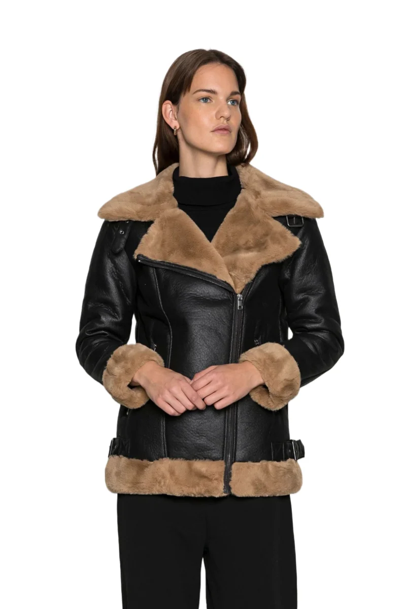 Tania Women Fashion Black Aviator Brown Real Shearling Bomber Jacket