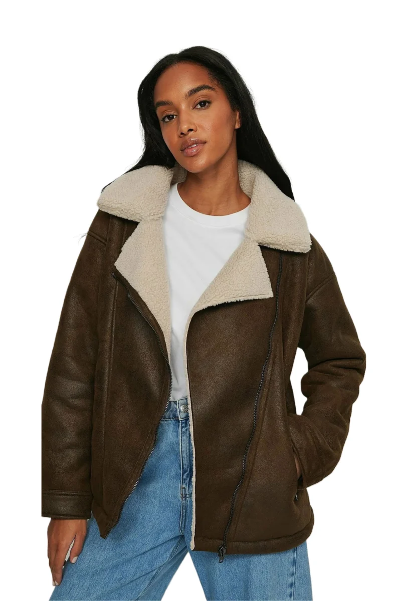 Inguna Women Fashion Grayish Brown Aviator White Real Shearling Bomber Jacket - Image 3