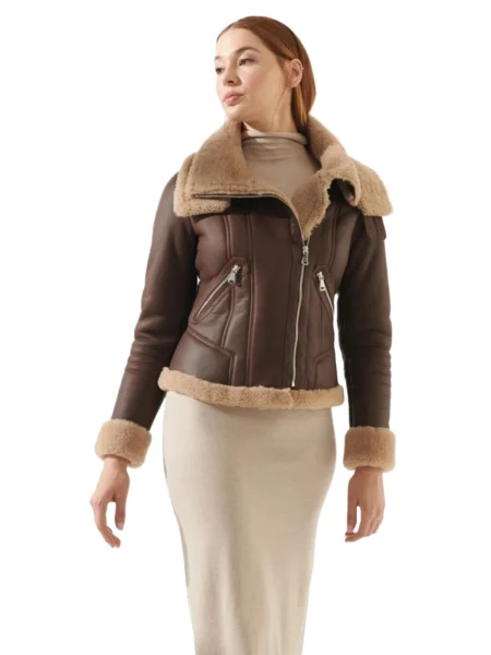 Lorena Women Fashion Brown Aviator Double Collar Shearling Bomber Jacket