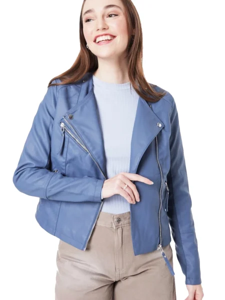 Vanessa Women Blue Perfecto Moto Biker Cafe Racer Leather Jacket