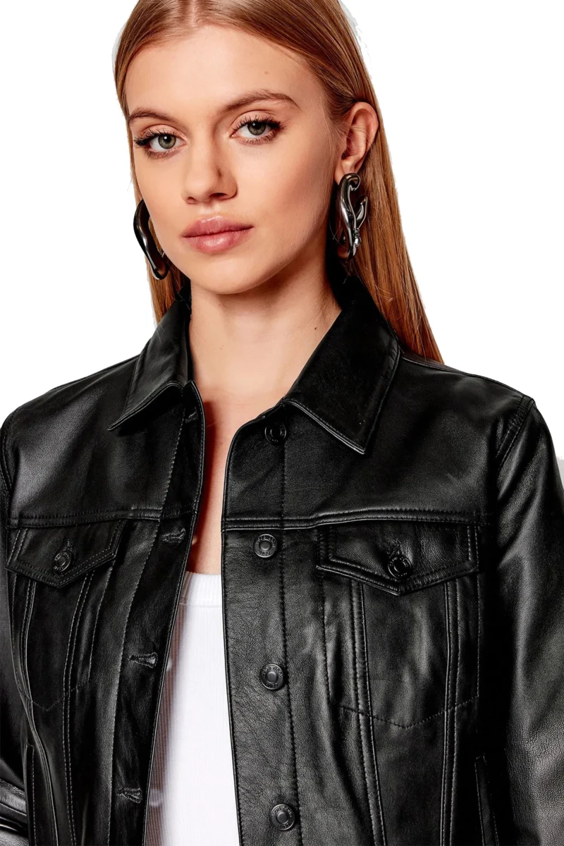 Catrinel Women Fashion Black Trucker Leather Jacket - Image 2