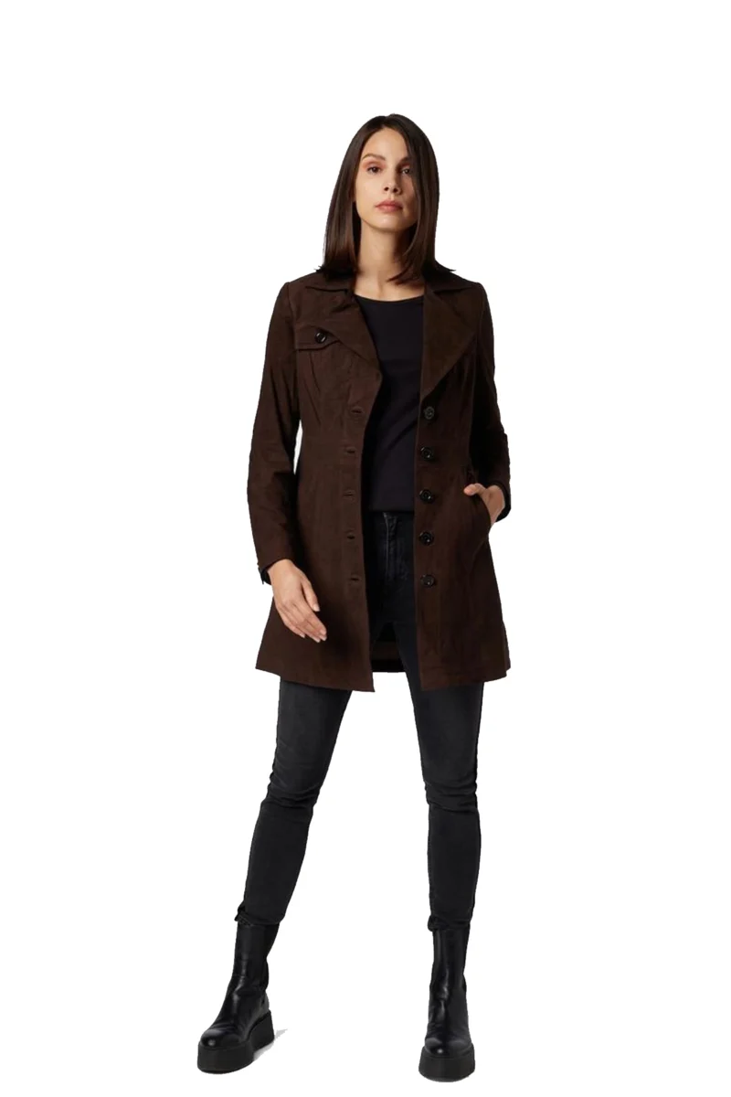 Doina Women Coffee Brown Suede Leather Coat - Image 3