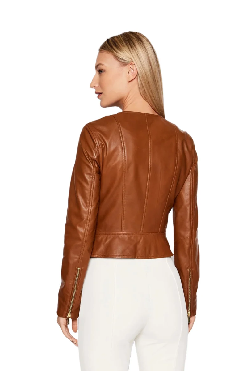 Linda Women Fashion Brown Flap Collar Sheepskin Leather Jacket - Image 5