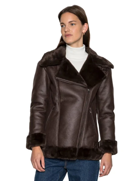 Tania Women Fashion Coffee Brown Aviator Shearling Bomber Jacket