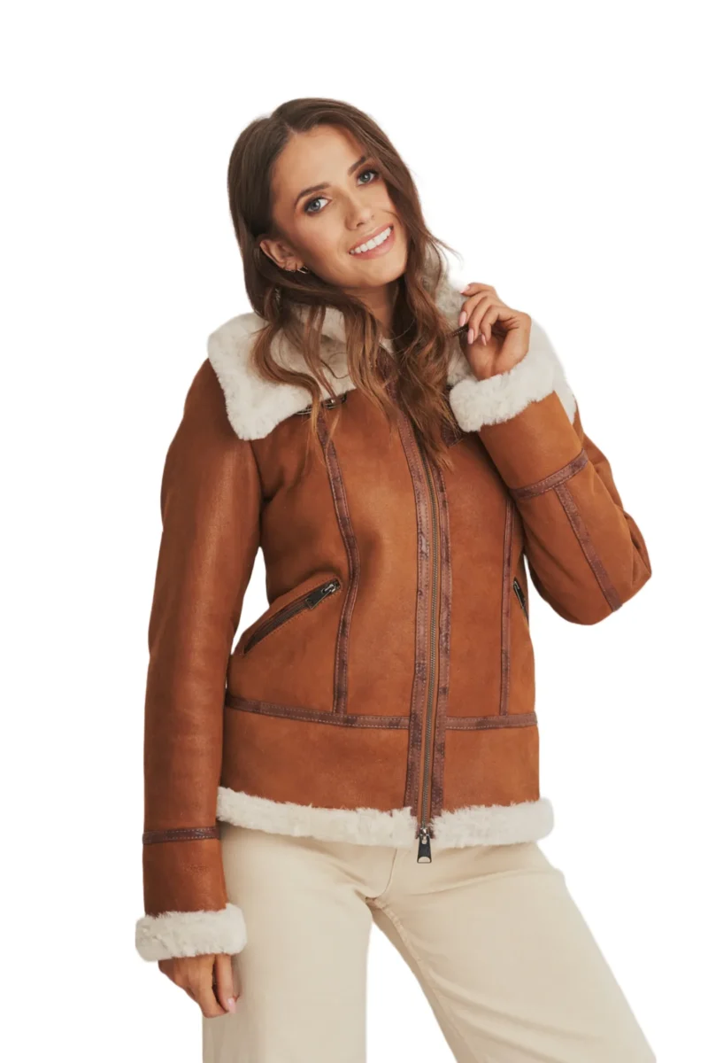 Lana Women Fashion Brown Aviator Flight Real Shearling Bomber Jacket