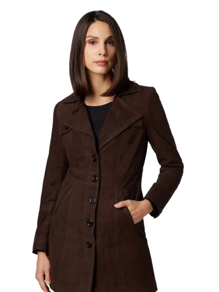 Doina Women Coffee Brown Suede Leather Coat