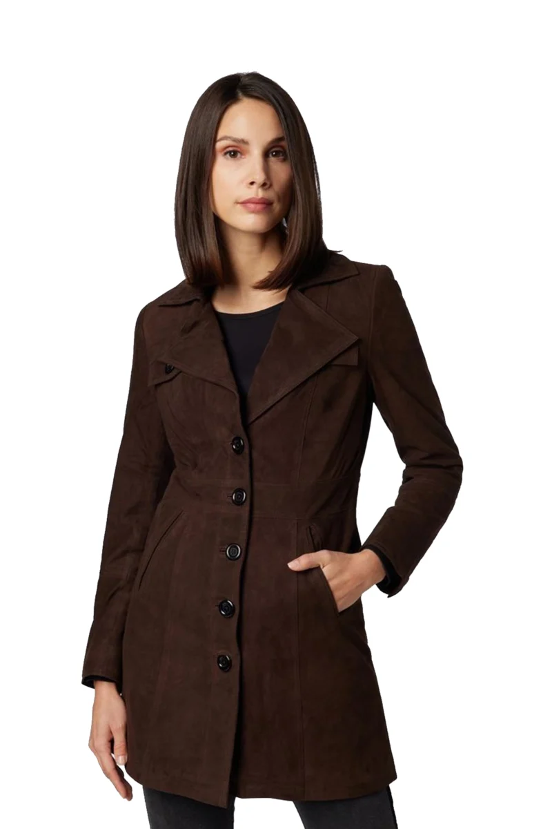 Doina Women Coffee Brown Suede Leather Coat