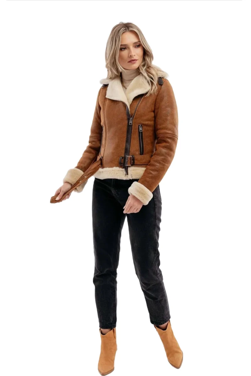 Dace Women Fashion Waxed Brown Aviator Bomber Leather Jacket - Image 4