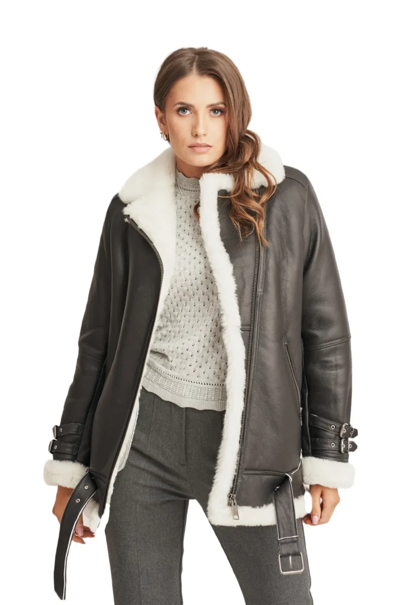 Adriana Klum Women Fashion Black Aviator White Shearling Bomber Coat - Image 2