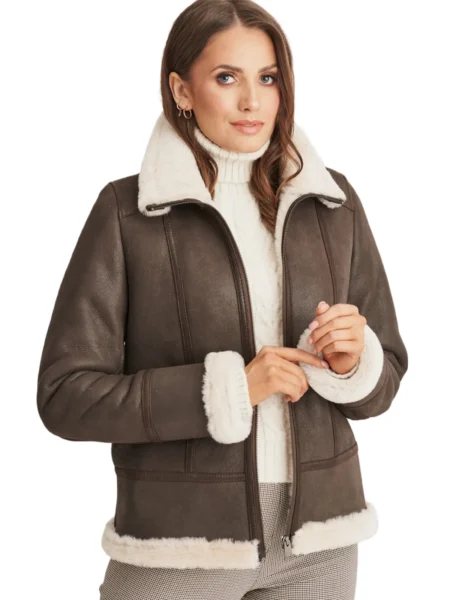 Del Lana Women Fashion Coffee Brown Aviator Flight Real Shearling Bomber Jacket