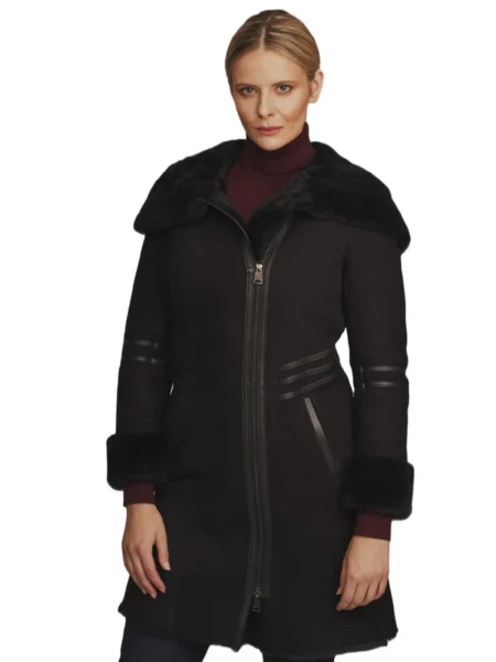 Bella Rey Women Fashion Black Aviator B3 Black Shearling Long Coat