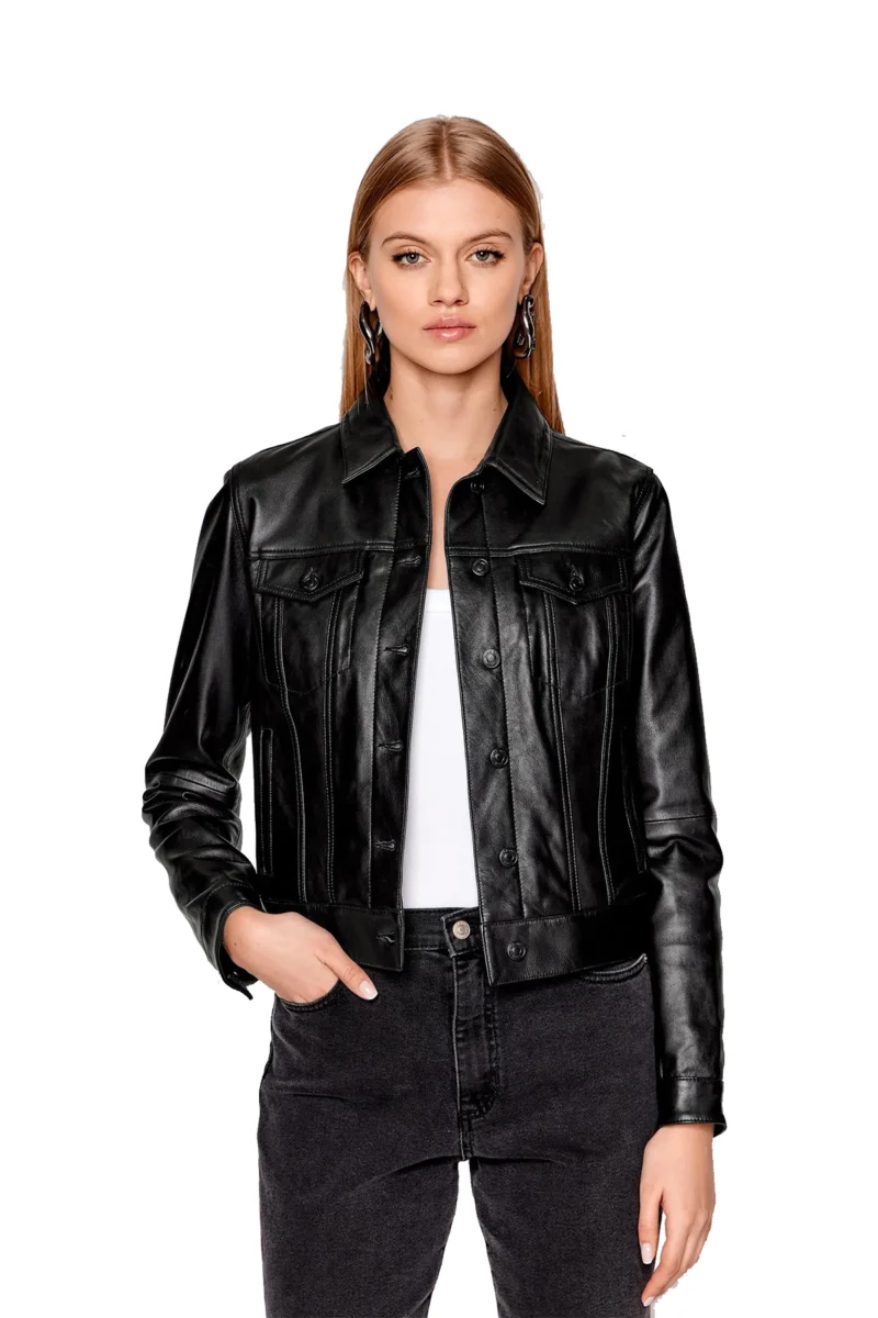 Catrinel Women Fashion Black Trucker Leather Jacket - Image 4