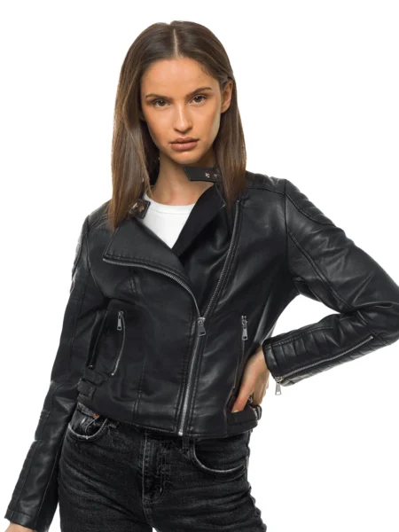 Michaela Women Fashion Black Flap Collar Leather Jacket