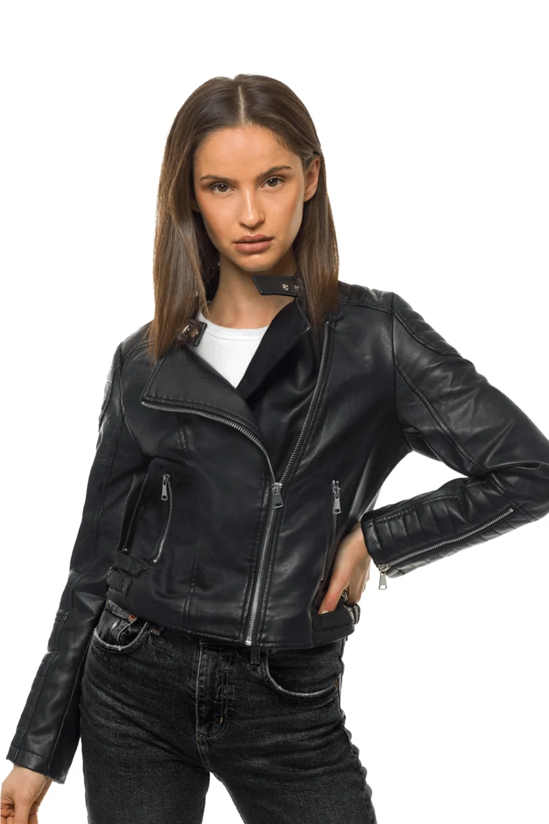 Michaela Women Fashion Black Flap Collar Leather Jacket