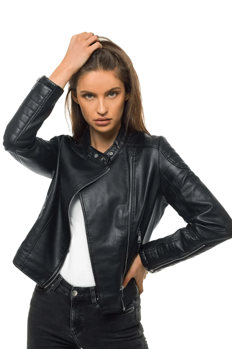 Michaela Women Fashion Black Flap Collar Leather Jacket - Image 3