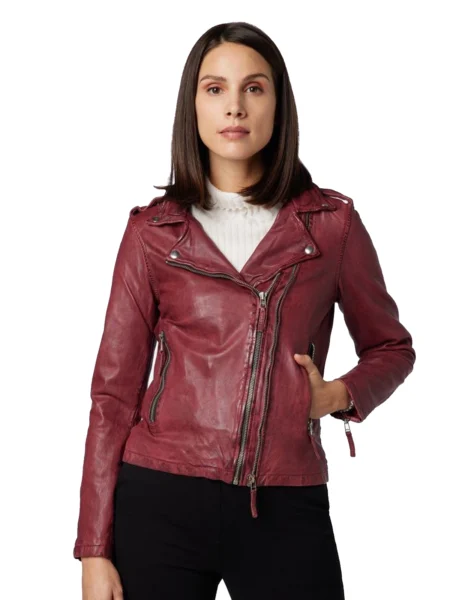 Diana Women Fashion Waxed Maroon Perfecto Sheepskin Leather Jacket