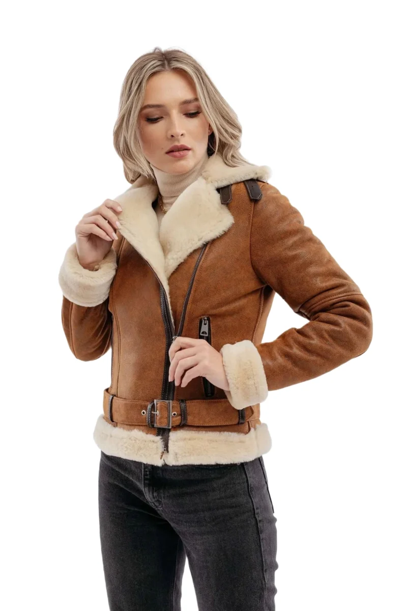 Dace Women Fashion Waxed Brown Aviator Bomber Leather Jacket - Image 3