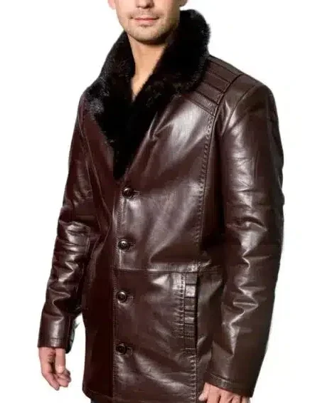 Cabral Cameron Brown Men’s Blazer Leather Coat with Fur Collar